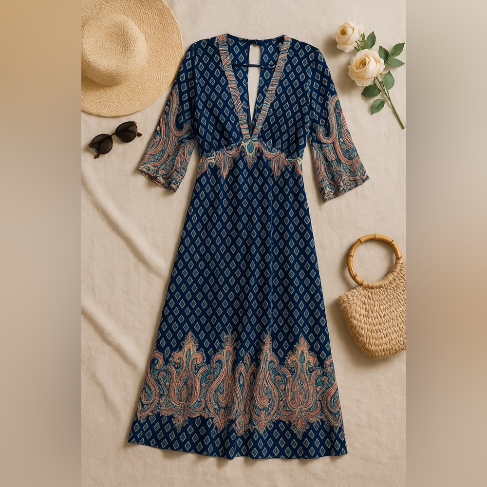 Forever 21 Navy Boho Print Maxi Dress Size Large